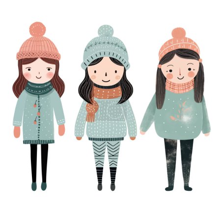 Illustration for Set of funny girls in winter. Hand drawn girls in fairy tale scandi style. Winter clothes. - Royalty Free Image