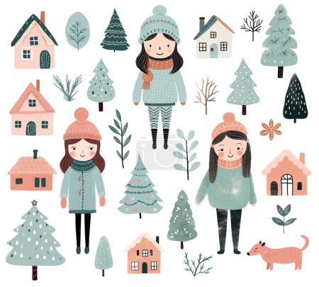 Illustration for Scandi christmas elements, cute girls, trees, houses. Set of hand drawn winter vector illustration. - Royalty Free Image