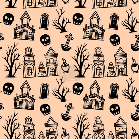 Illustration for Halloween pattern with castle, tree, scull. Monochrome halloween background, vector seamless pattern. - Royalty Free Image