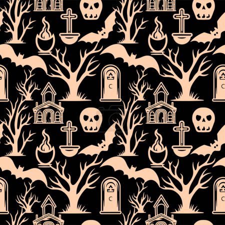 Ilustración de Patrón Halloween con murciélago, árboles. Fondo oscuro de Halloween, patrón sin costura vector. - Imagen libre de derechos