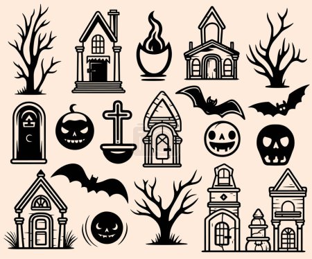 Ilustración de Elementos de Halloween listos. Conjunto de iconos de Halloween dibujado a mano. Ilustración vectorial Doodle blanco y negro. - Imagen libre de derechos