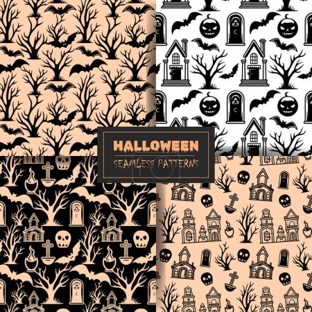 Illustration for Set of seamless halloween patterns with bat, castle, skull. Vector collection. - Royalty Free Image