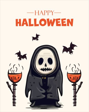 Téléchargez les illustrations : Joyeux poster d'Halloween avec citrouille, fantôme, taureau, toile d'araignée. Illustration vectorielle. Endroit pour le texte. Cadre de la brochure - en licence libre de droit