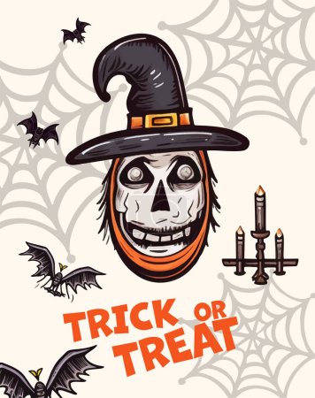 Illustration for Happy Halloween poster with pumpkin, ghost, scull, spiderweb. Vector illustration. Place for text. Brochure frame - Royalty Free Image