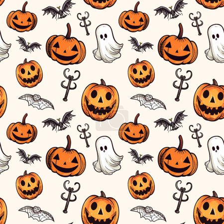 Téléchargez les illustrations : Modèle Halloween avec citrouille, fantôme, chauve-souris. Automne Halloween fond, motif vectoriel sans couture. - en licence libre de droit