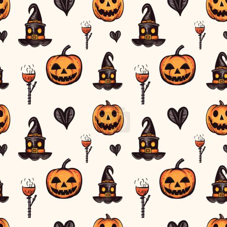 Ilustración de Patrón de Halloween con calabaza, sombrero y taza. Fondo de Halloween de otoño, patrón inconsútil vector. - Imagen libre de derechos