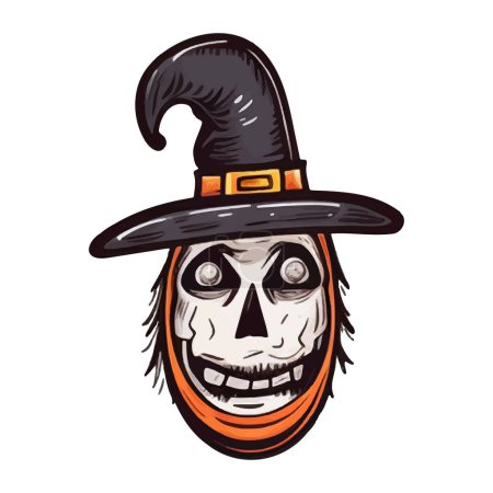 Illustration for Halloween element scull with hat. Hand drawn vector scull. Perfect for scrapbooking, card, invitation, poster, sticker kit. - Royalty Free Image