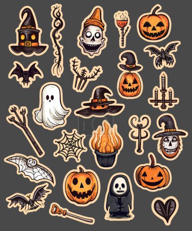 Illustration for Halloween sticker set. Perfect for scrapbooking, greeting card, party, sticker kit. Hand drawn vector elements - Royalty Free Image