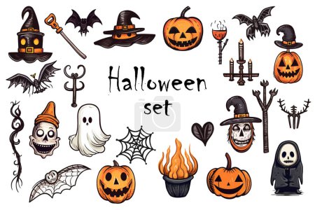 Illustration for Halloween element set. Perfect for scrapbooking, greeting card, party invitation, poster, tag, sticker kit. Hand drawn vector illustration - Royalty Free Image