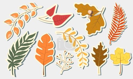 Téléchargez les illustrations : Ensemble de feuilles d'automne colorées. Autocollants de feuilles d'automne vectorielles. - en licence libre de droit