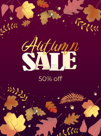Illustration for Autumn background, banner, flyer design. Poster with bright beautiful leaves frame. Template for advertising, social media - Royalty Free Image
