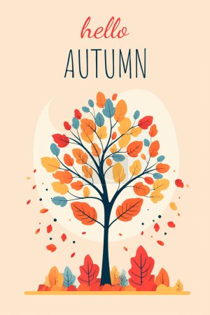 Téléchargez les illustrations : Bonjour fond d'automne, poster design. Bannière avec bel arbre lumineux, cadre de feuilles. Modèle automnal - en licence libre de droit