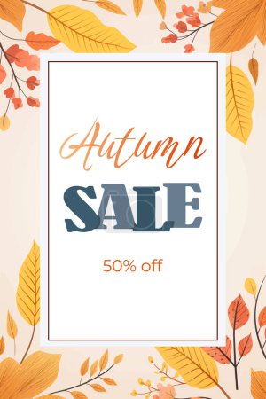 Ilustración de Fondo venta otoño, diseño de póster. Banner con hermoso árbol brillante, marco de hojas. Plantilla otoño - Imagen libre de derechos