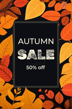 Ilustración de Venta cartel de otoño, fondo, diseño. Banner con hermoso árbol brillante, marco de hojas. Plantilla otoño - Imagen libre de derechos