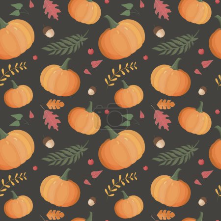 Illustration for Autumn pattern with pumpkin, leaves. Autumn background, vector seamless pattern. - Royalty Free Image