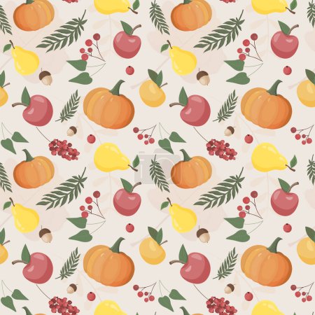 Ilustración de Patrón de otoño con calabaza, hojas, manzana, pera, bayas. Fondo de otoño, patrón inconsútil vector. - Imagen libre de derechos
