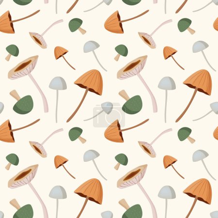 Téléchargez les illustrations : Modèle d'automne avec des champignons. Fond champignon, motif vectoriel sans couture. - en licence libre de droit