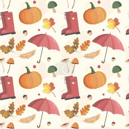 Illustration for Autumn pattern with pumpkin, umbrella, boots, leaves. Fall background, vector seamless pattern. - Royalty Free Image