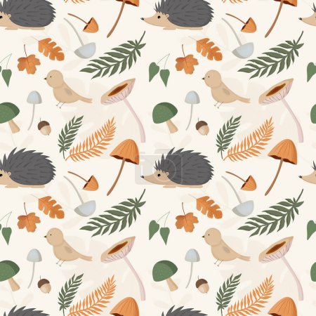 Illustration for Autumn pattern with hedgehog, mushrooms, leaves. Forest background, vector seamless pattern. - Royalty Free Image