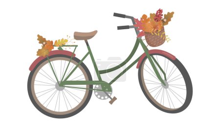 Illustration for Retro bicycle with autumn leaves in floral basket and leaves on trunk. Color bike isolated on white background. - Royalty Free Image