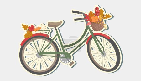 Téléchargez les illustrations : Autocollant vélo rétro avec feuilles d'automne dans le panier floral et feuilles sur le tronc. Sticker vélo couleur. - en licence libre de droit