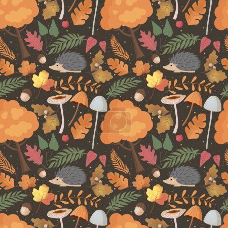 Ilustración de Patrón de otoño con erizo, setas, árbol, hojas. Fondo forestal, patrón inconsútil vector. - Imagen libre de derechos