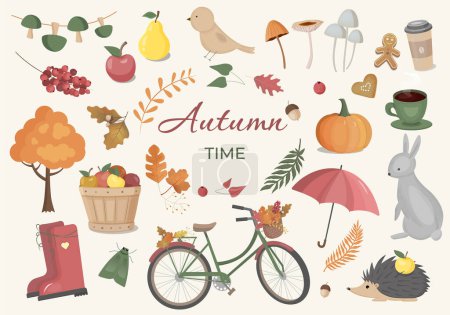 Illustration for Vector collection with autumn elements. Autumn clipart set with leaves, pumpkin, forest animals and other symbols of fall. - Royalty Free Image