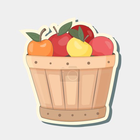 Téléchargez les illustrations : Sticker pomme boîte de fruits. Busket avec autocollant de fruits. Conception vectorielle - en licence libre de droit