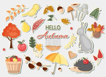 Ilustración de Pegatinas de otoño, colección de vectores. Conjunto de otoño con hojas, calabaza, animales del bosque y otros símbolos del otoño. - Imagen libre de derechos
