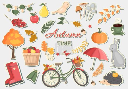 Illustration for Vector collection with autumn stickers. Autumn sticker set with leaves, pumpkin, forest animals and other symbols of fall. - Royalty Free Image