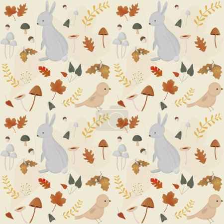 Téléchargez les illustrations : Modèle d'automne sans couture avec champignons, lapin et éléments automnaux - en licence libre de droit