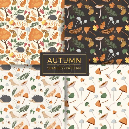 Ilustración de Conjunto de patrón de otoño sin costuras con setas, hojas, erizo y elementos otoñales. Colección vectorial. - Imagen libre de derechos