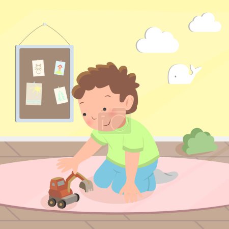 Ilustración de Lindo chico sentado en el suelo y jugando con el coche. Niño en el jardín de infantes. Dibujos animados vector ilustración - Imagen libre de derechos