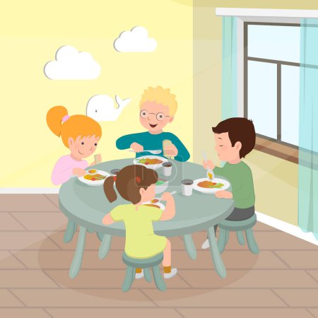 Ilustración de Niños felices comen en el jardín de infantes. Dos chicas y dos chicos en la mesa. Concepto de nutrición infantil. Ilustración vectorial para pancarta, póster, sitio web, volante. - Imagen libre de derechos