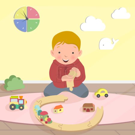 Illustration for Cute boy sitting on floor and playing with cars, train, railroad. Child in kindergarten. Cartoon vector illustration - Royalty Free Image