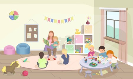 Illustration for Kindergarten, preschool activities. Educator reads a book, children drawing, make crafts. Kids study with teacher. Modern room with furniture, sunlight from window. - Royalty Free Image