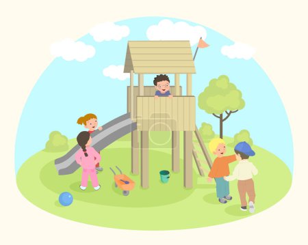 Téléchargez les illustrations : Joyeux enfants jouant sur l'aire de jeux. Illustration vectorielle - en licence libre de droit