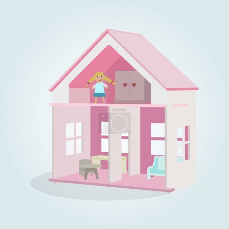 Téléchargez les illustrations : Maison de poupée rose avec deux étages, petit mobilier et poupée. Illustration vectorielle. - en licence libre de droit