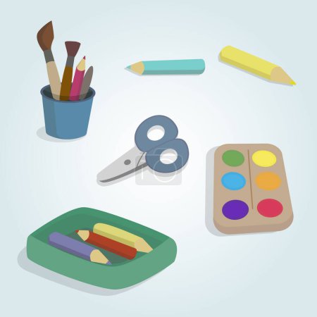 Illustration for Materials for children 's creativity. Paints, colored pencils, scissors. Isolated on a white background. - Royalty Free Image