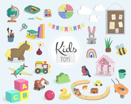 Illustration for Baby toy set. Childish olored toys, doll house, plane, rail, locomotive, animals, cubes, ball. Vector illustration - Royalty Free Image