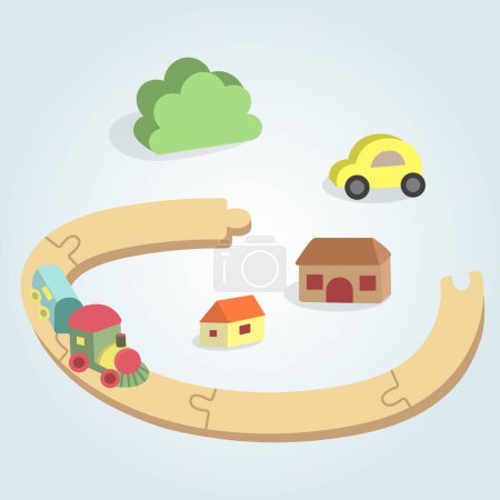 Téléchargez les illustrations : Caricature vectorielle ferroviaire. Illustration d'un joli jouet, train, voiture, maisons, buisson. Jouets pour enfants - en licence libre de droit