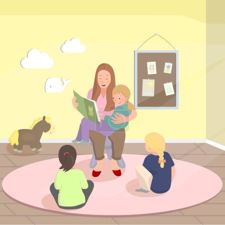 Illustration for Little kids study with teacher. Educator reads a book. Teacher reads book while children sit and listening. Kids education vector - Royalty Free Image