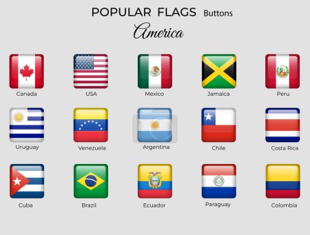 Ilustración de Botones banderas de los países americanos. Estados Unidos icono de la bandera conjunto. 3d diseño cuadrado. Colorear oficial. Vector aislado - Imagen libre de derechos