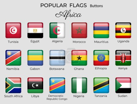 Téléchargez les illustrations : Boutons drapeaux des pays africains. Ensemble d'icônes drapeau Afrique. Design carré 3d. Nigeria Ouganda Egypte Kenya Vecteur isolé - en licence libre de droit
