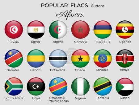 Téléchargez les illustrations : Boutons drapeaux des pays africains. Ensemble d'icônes drapeau Afrique. Conception ronde 3d. Nigeria Ouganda Egypte Kenya Vecteur isolé - en licence libre de droit