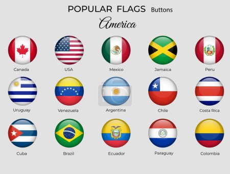Illustration for Buttons flags of American countries. America flag icon set. 3d round design. Official coloring. Vector isolated - Royalty Free Image