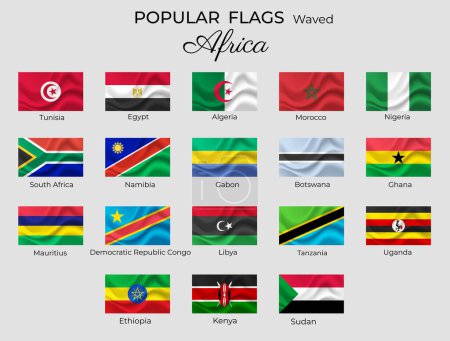 Ilustración de Ondeó banderas de países africanos. Banderas de África establecidas. 3d diseño ondulado. Nigeria Uganda Egipto Kenia Vector aislado - Imagen libre de derechos
