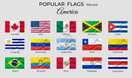 Ilustración de Ondeó banderas de los países americanos. Estados Unidos icono de la bandera conjunto. 3d diseño ondulado. Colorear oficial. Banderas vectoriales aisladas - Imagen libre de derechos