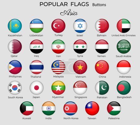 Illustration for Buttons flags of Asiatic countries. Korea Singapore India China. Asia flag icon set. 3d round design. Vector isolated - Royalty Free Image