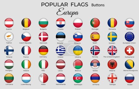 Téléchargez les illustrations : 40 boutons drapeaux des pays européens. Icône du drapeau européen. Conception ronde 3d. Coloration officielle. Vecteur isolé - en licence libre de droit